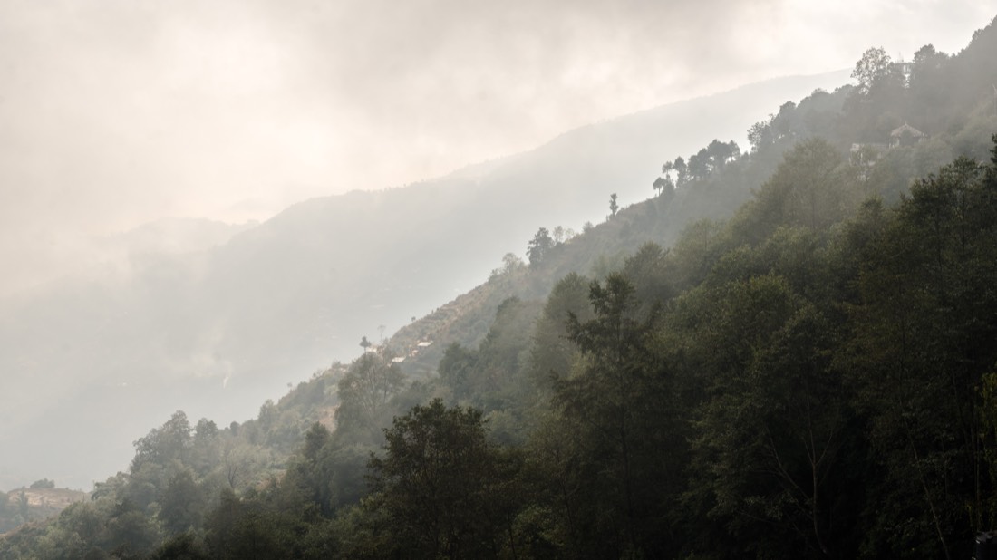Morning view of Himalayan ranges and layered hills from the Nagarkot ridge, Nepal